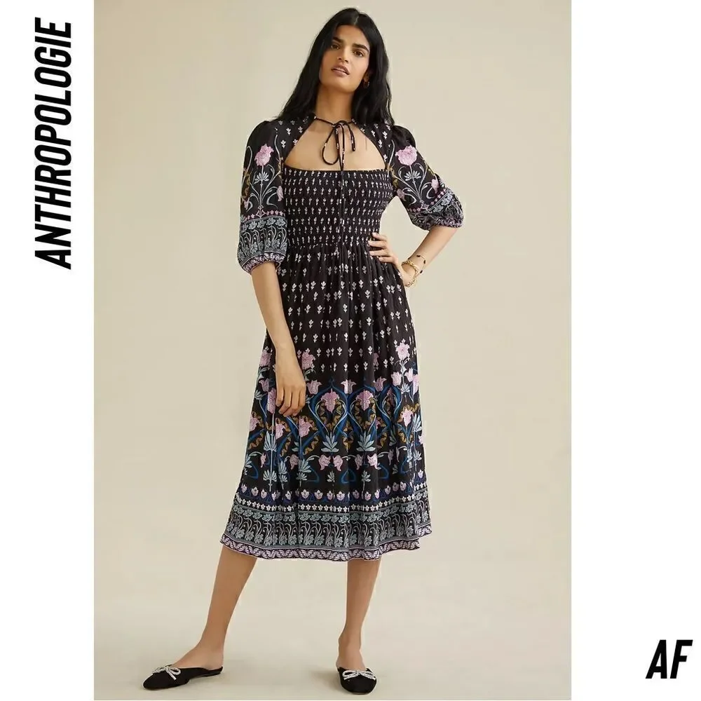 ANTHROPOLOGIE DASHA SMOCKED MIDI DRESS NWT MEDIUM BLACK COMBO